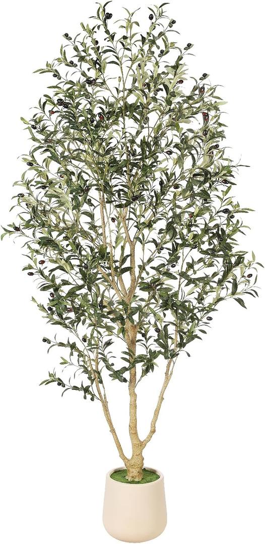FEELEAD Faux Olive Tree 7ft with Planter - Realistic Artificial Indoor Tall Fake Potted Olive Tree with Natural Wood Trunk & Green Leaves, Elegant Tree for Home Office Decor