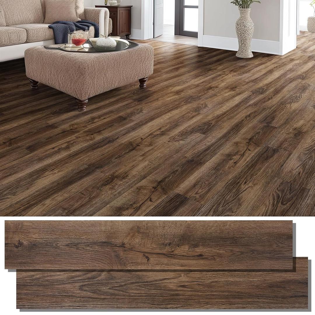 INMOZATA Peel and Stick Floor Tile Vinyl Flooring, Waterproof Vinyl Plank Flooring 36-Pack 54 Sq.Ft Wood Grain Self Adhesive Peel and Stick Flooring for Bedroom, Living Room, Kitchen, RV(Walnut)