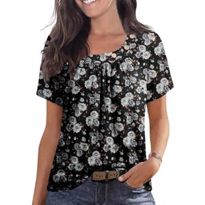 PrinStory Womens Short Sleeve Tops Summer Fashion Irregular Neck Knitted Tunic Tops Casual Loose Pullover Shirts (Small, Fp Black Silver Rose)
