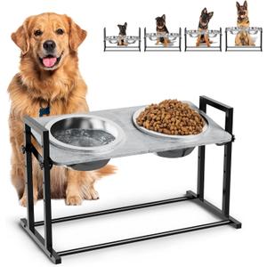 Elevated Dog Bowls for Large Dogs, 4 Height Adjustable Tilted Raised Dog Bowl Stand with 2 Stainless Steel 2L Bowls, 13.6" Tall Dog Feeder for Medium and Large Breed (Black)