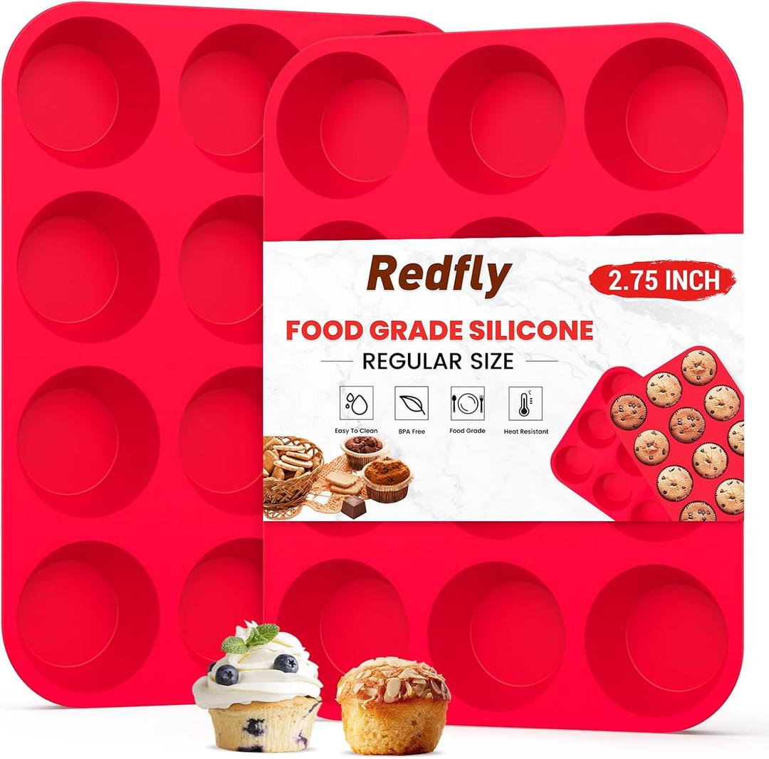 Redfly 2 Pack Silicone Muffin Pans for Baking & Cupcake Pan - 12 Cup Regular Size Silicone Molds, BPA Free Egg Bites Mold