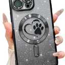 for iPhone 16 Pro Case, Glitter Clear Cute Paw Love Heart, Compatible with MagSafe, Strong Magnetic Full Camera Lens Protection Cover, Soft Slim Bling Phone Case 6.3" - Black