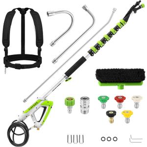 FIXFANS 21 FT Telescoping Pressure Washer Wand with Brush, 4000 PSI Telescopic Power Washer Extension Wand, 3 Gutter Cleaner Curved Rods, 5 Nozzle Tips, 2 Hose Adapters and Support Belt