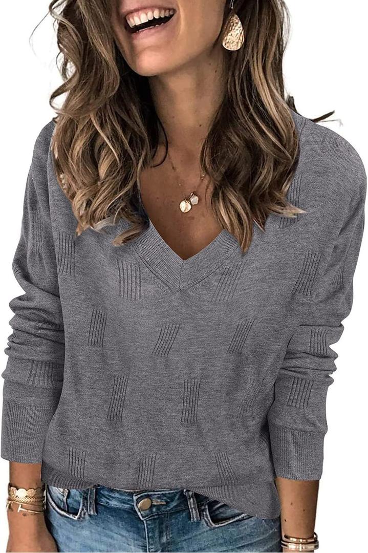 Arach&Cloz Women's Soft V Neck Long Sleeve Fall Casual Regular Fit Sweater Tops (Gray, M)
