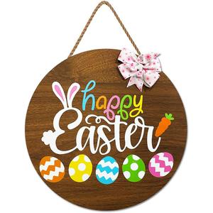 2 x Happy Easter Wooden Hanging Sign with Bow, Rustic Easter Wooden Door Hanger for Home Farmhouse Window Indoor Outdoor Decor