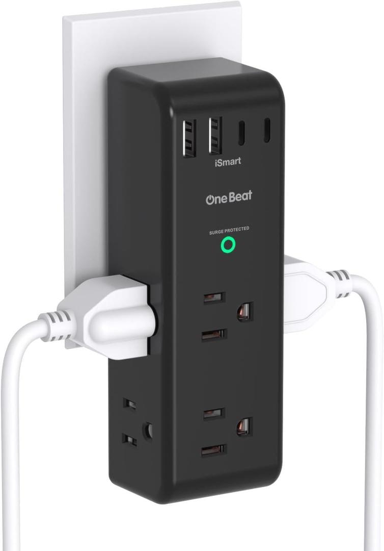 Surge Protector Outlet Extender - with Rotating Plug, 6 AC Multi Plug Outlet with 4 USB Ports (2 USB C), 1800 Joules, 3-Sided Swivel Power Strip with Spaced Outlet Splitter for Dorm, Office, Black