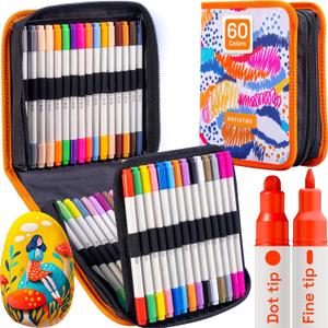 ARTISTRO 60 Dual Tip Acrylic Paint Markers, Acrylic Paint Pens, Fabric Markers for Textile, Rock, Glass, Wood, Paper, Ceramic, Canvas DIY Art Supplies Kit for Kids and Adults (Dual Tip Dot + Fine, 60)