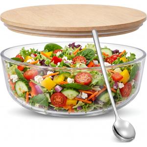 Large Glass Salad Bowl 2.43 Quart Trifle Glass Mixing Bowl with Bamboo Lid and Stainless Steel Spoon for Food Prep, Storage, Baking, Mixing and Cooking
