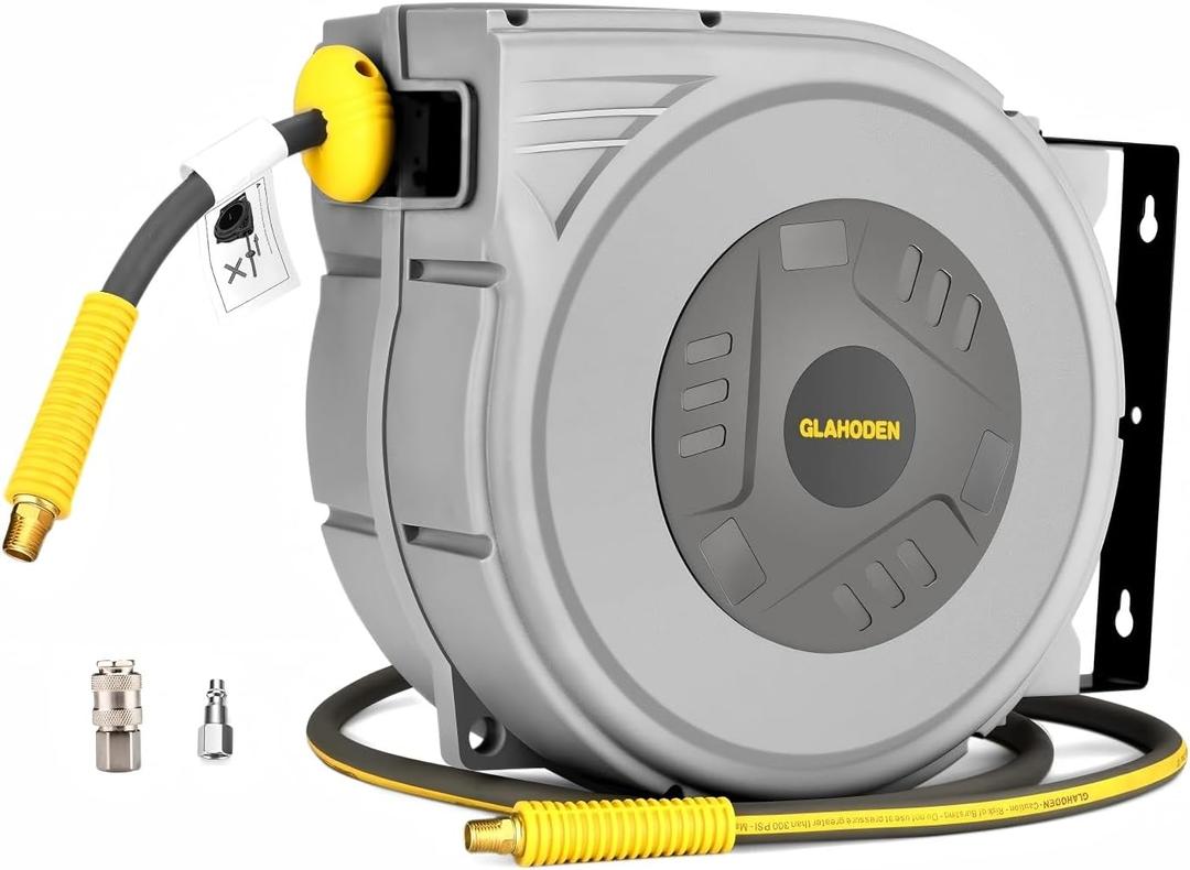GLAHODEN Enclosed Retractable Air Hose Reel, 3/8 in x 65 Ft Hybrid Hose Air Compressor Hose Reel with 6 Ft Lead in Max 300 PSI Patented Design for Any Length Lock 180Swivel Bracket Quick Coupler