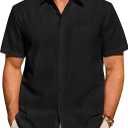 Alimens & Gentle Mens Short Sleeve Cotton Linen Texture Shirt Casual Untucked Button Down Lightweight Shirts Summer Beach (Black, XL)