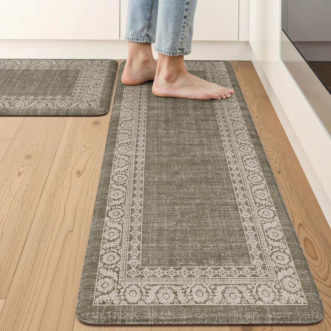 LEEVAN Green Kitchen Mats for Floor Sets of 2,Anti Fatigue Cushioned Memory Foam Kitchen Mat,Farmhouse Ergonomic Boho Non Slip Kitchen Floor Mat for Sink,Laundry,Home,Office,Desk(17''x29''+17''x47'')