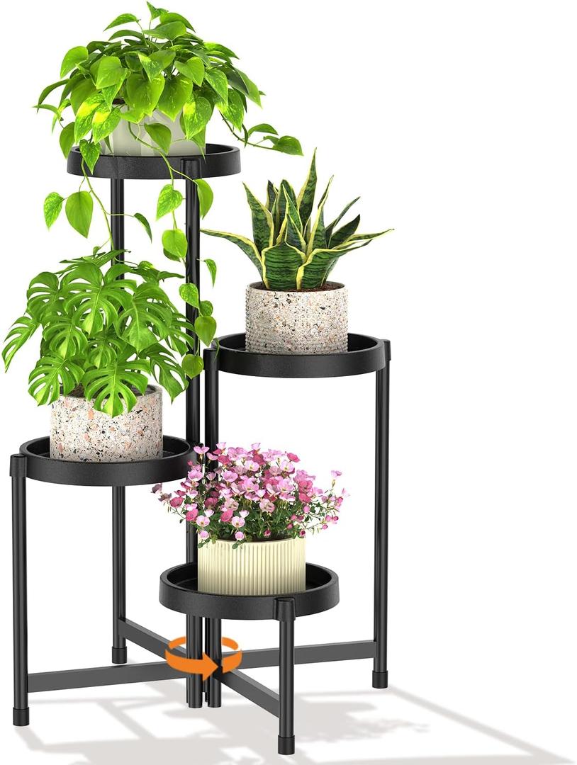 LASZOLA 4 Tiered Plant Stand Indoor Outdoor with Plastic Tray, Corner Folding Tall Flower Display Rack, Modern Plant Holder Shelf for Outdoor Patio Porch Garden Office Living Room, Black