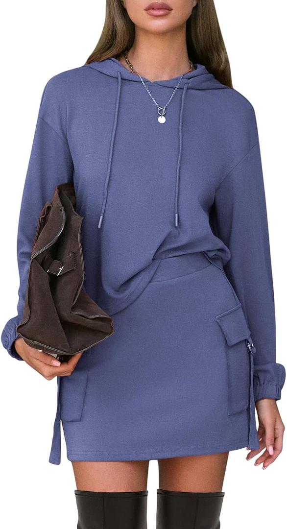 EXLURA Women Two Piece Set Cotton Sweatsuit Travel Airport Outfits 2026 Tracksuit Hooded Sweatshirt Cargo Skort Skirt Pockets (Medium, Dark Blue)