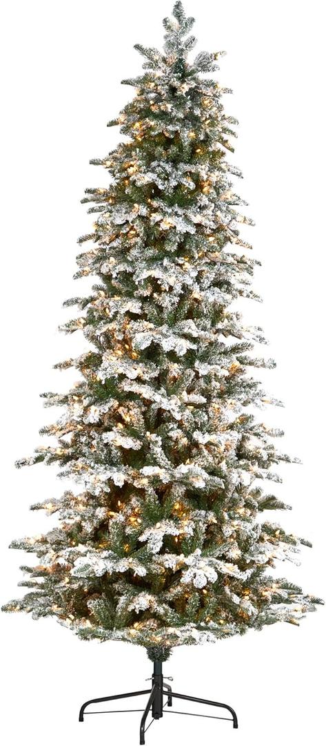 Nearly Natural 8ft. Flocked North Carolina Fir Artificial Christmas Tree with 650 Warm White Lights and 2593 Bendable Branches