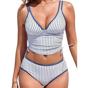 RIHOAS Women's Tankini Swimsuits Tummy Control Two Piece Bathing Suits Drawstring Cropped Top with High Waisted Bottom Navy Stripe, XL