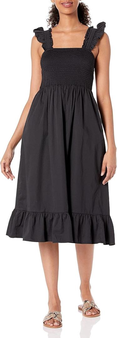 The Drop Women's Kimi Ruffled Shoulder Smocked Midi Dress (Black)