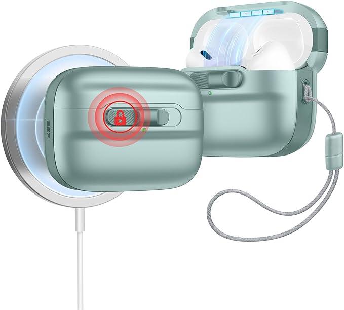 ESR for AirPods Pro Case (2023/2022/2019, 2nd/1st Gen), Compatible with Airpods Pro 2 (USBC/Lightning Cable), MagSafe Ready, Magnetic Lid Lock, Full Drop Protection Cover with Lanyard, Green