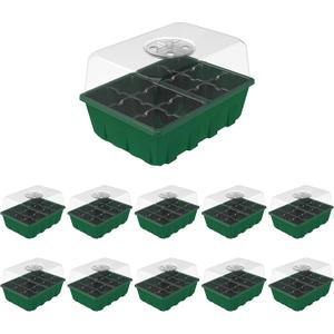 Gardzen 10-Set Garden Propagator Set, Clear Seed Tray Kits with 120-Cell, Seed Starter Trays with Dome and Green Base 6.6" x 4.5" (12-Cell Per Tray)