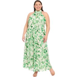 London Times Women's Women's Halter Neck Tiered Maxi Dress - Sleeveless Pleated Bodice with Gathered Neckline - Summer Formal Dresses (Green, XXXL)