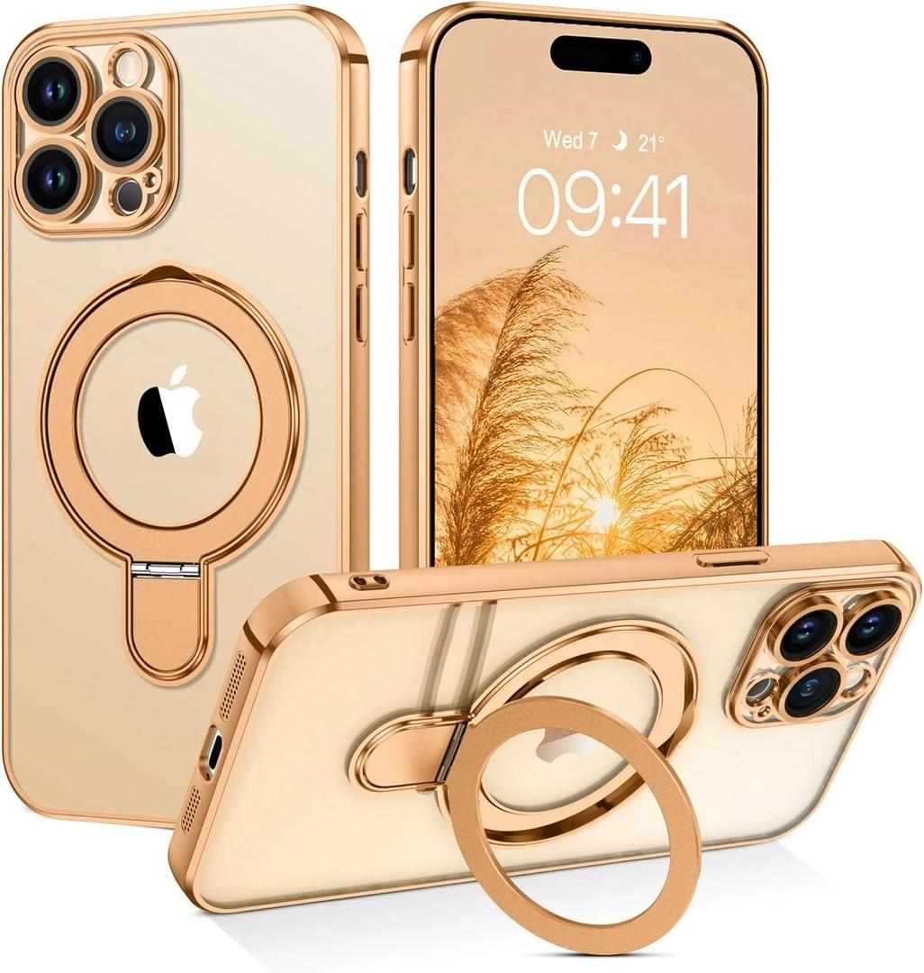 14 Pro Max Case with Stand, Magnetic Clear Cases Plating Edge Invisible Ring Holder Slim Shockproof Protective Kickstand Phone Case for iPhone 14 Pro Max  Desert Titanium Gold