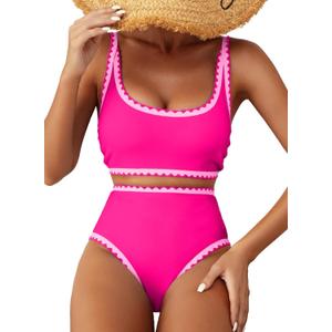 Herseas Women's Bikini Sets Floral Print Whip Stitch 2 Piece Swimsuits High Waisted Scoop Bathing Suits (Pink, XL)