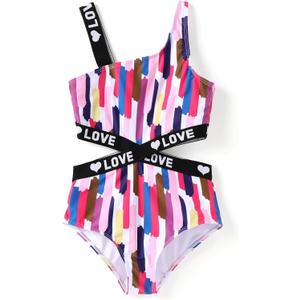 PATPAT Girls One Piece Swimsuits Floral Tropical Bathing Suit Cutout Swimwear Beachwear (3T, Coloredstripes)