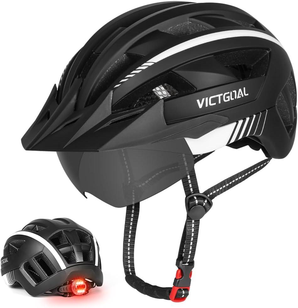 VICTGOAL Bike Helmet for Men Women with Led Light Detachable Magnetic Goggles Removable Sun Visor Mountain & Road Bicycle Helmets Adjustable Size Adult Cycling Helmets (XL: 59-63 cm, Black White)
