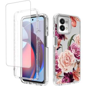 Case for Moto G Stylus 2023 Case, Motorola G Stylus 2023 with Tempered Glass Screen Protector, Floral Design Full Body Protective Cell Phone Cover for Motorola Moto G Stylus 2023 Purple Flower