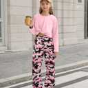 Girls 2 Piece Outfits Long Sleeve Twist Front Shirts and Camo Pants Sets for Fall Winter Sweatsuits Size 5-14Y (Pink)