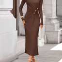 ZESICA Womens 2026 Fall Long Sleeve Mock Neck Bodycon Midi Dress Ruched Knit Elegant Party Cocktail Formal Dresses (Brown, M)