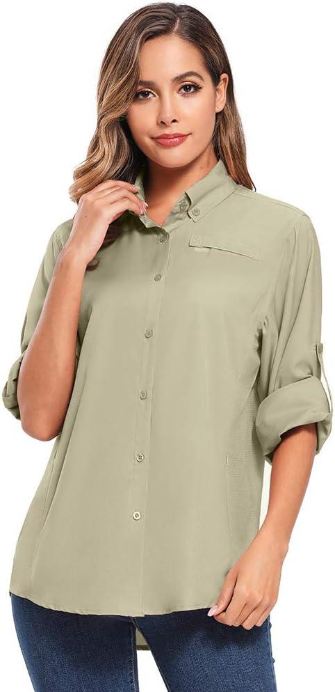 Womens Sun Protection Safari Shirts UPF 50+ UV Long Sleeve Outdoor Cool Quick Dry Fishing Hiking Shirts (Large, 5024 Dark Khaki)