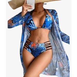 Women's 3 Piece Tropical Bikini Set with Mesh Coverup, Sexy Crisscross Cutout Swimsuits for Pool Party, Medium 