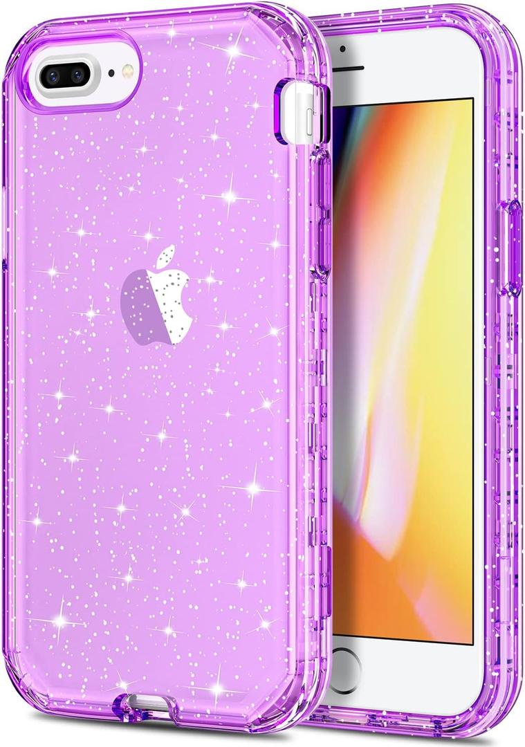 Hython Case for iPhone 8 Plus, iPhone 7 Plus Case, Crystal Clear Glitter Transparent Defender Protective Bling Sparkle Hard Shell Hybrid Shockproof Rubber Bumper Phone Cover, Purple Glitter