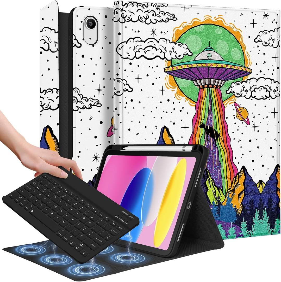 Wazzasoft for iPad 10th Generation Case with Keyboard - for iPad A16 Cases Pencil Holder 10.9 Inch Cover Men Boys Cute Cool Fun Alien Unique Design Funda for Apple Tablet 10th/11th gen (Spaceship)