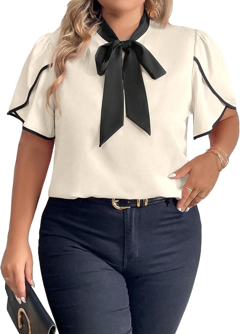 Women's Plus Size Work Office Blouse Bow Tie Neck Petal Sleeve Business Casual Blouse Shirts Top (3X-Large Plus, Apricot)