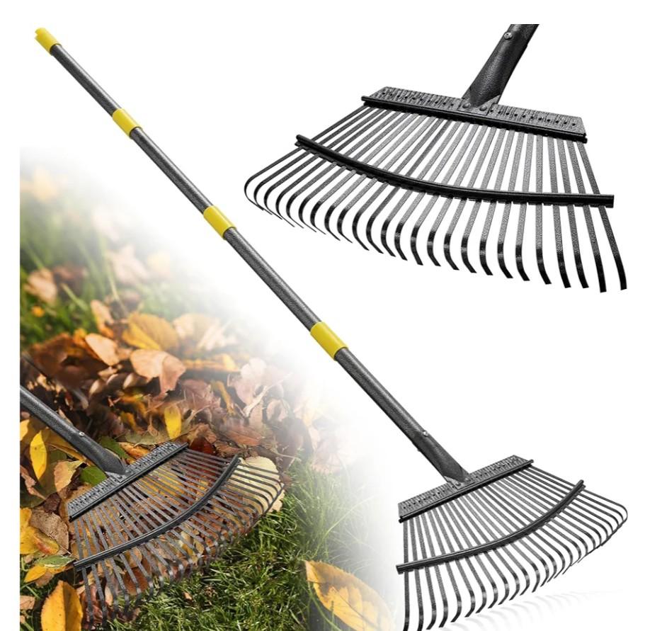 Garden Rake for Leaves: 18” Wide Metal Leaf Rake, 65” Long Adjustable Handle, Heavy Duty 25 Teeth, Fast Kids Women Large Lawn Yard Garden Leaf Cleanup Gardening Rakes: Grass,Debris,Pine Needles Pick