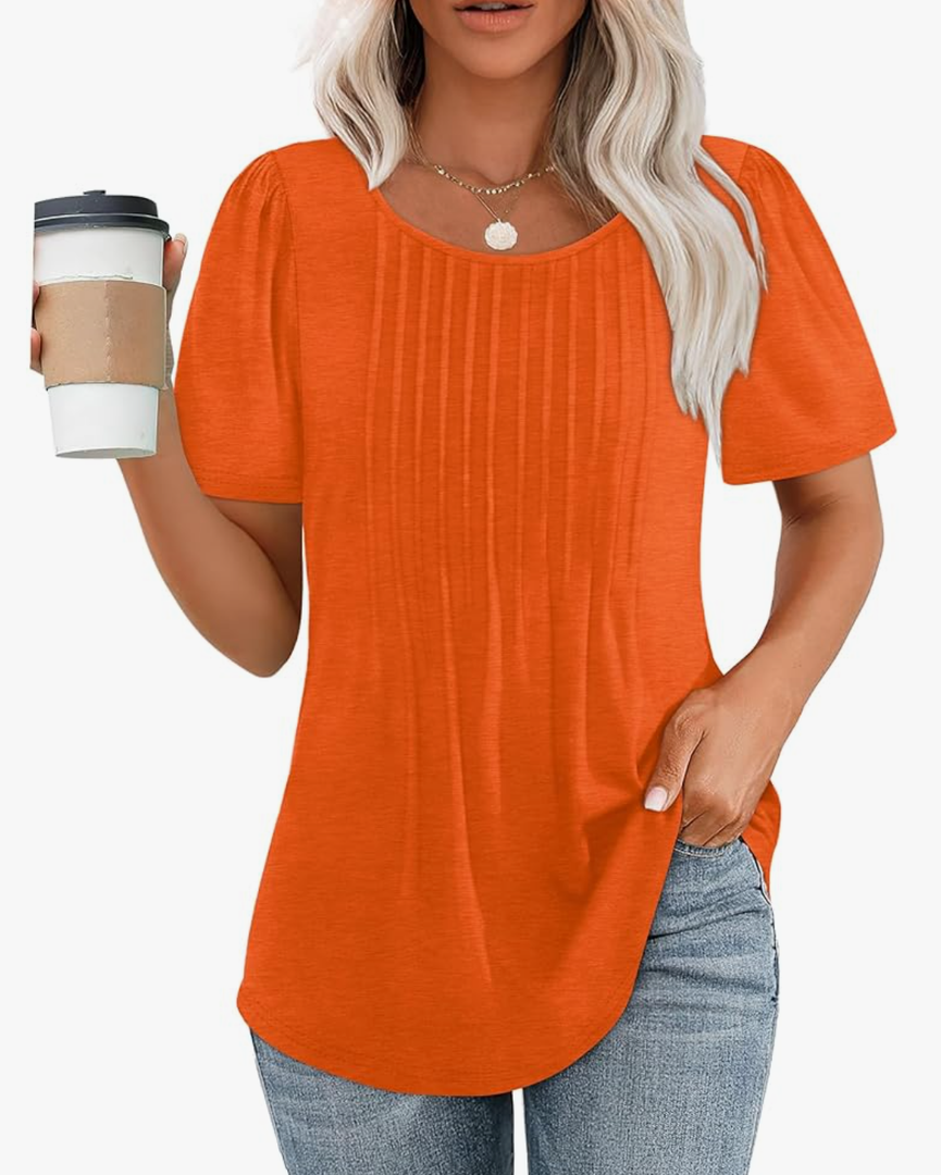 OFEEFAN Womens T Shirts Short Sleeve Pleated Dressy Casual Scooped Neck Summer Tops Blouses 3XL