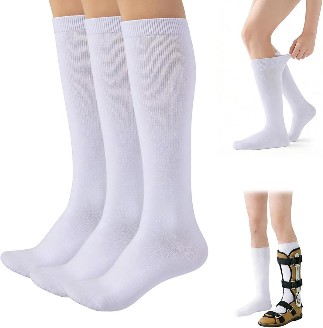 Walking Boot Socks Cotton 3Pairs, Replacement Socks Liner for Orthopedic Walker Brace Compatible with Air Cam Walkers and Fracture Boot for Men and Women Cast Surgical Leg Cover, White