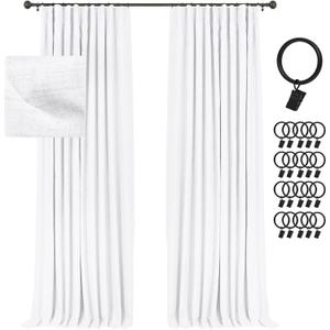INOVADAY 100% Blackout Curtains for Bedroom, Black Out Curtains 90 Inch Long, Clip Rings Linen Blackout Drapes, Thermal Insulated Room Darkening for Living Room, 2 Panels - White,W50xL90