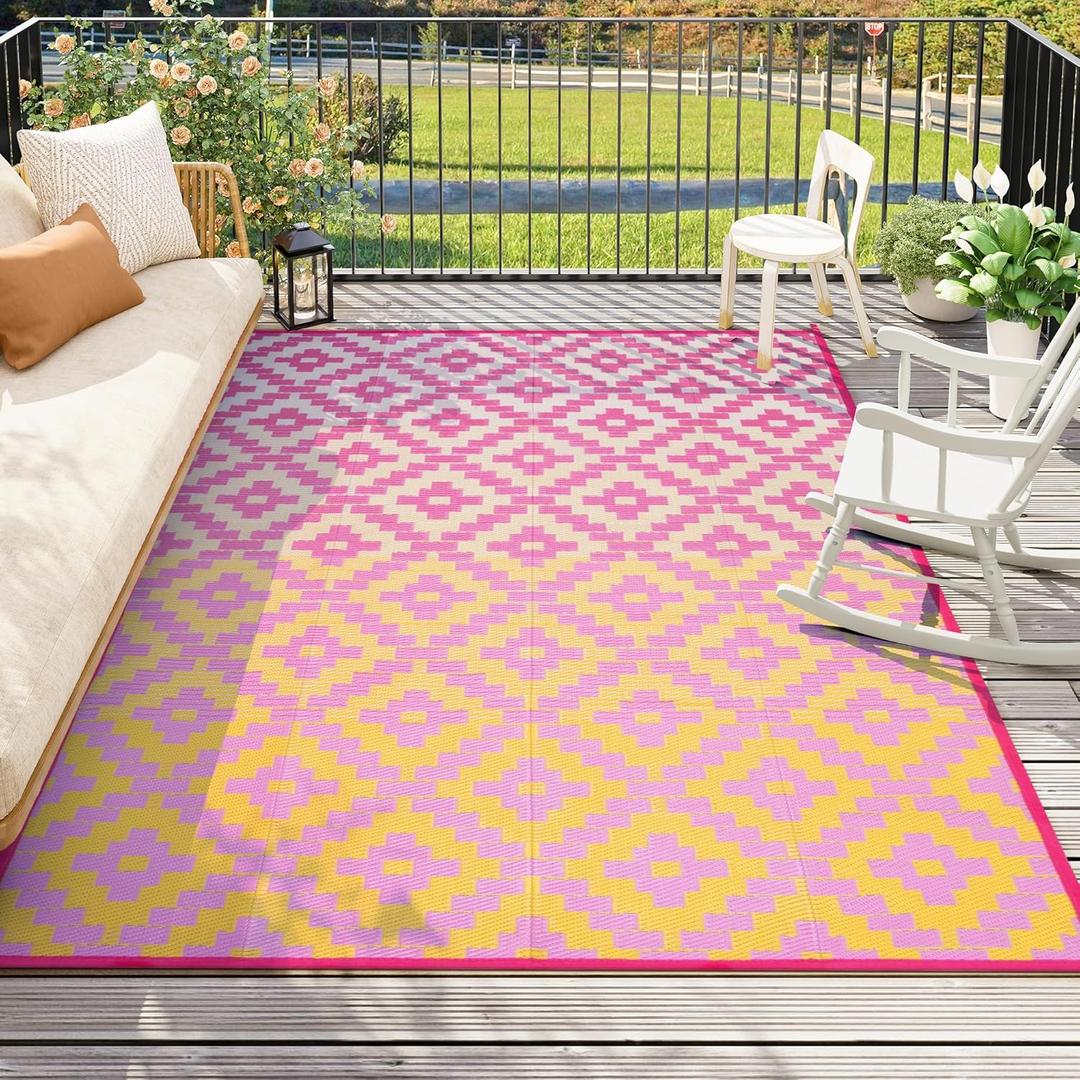 Anidaroel Ombre Outdoor Rugs 8x10 for Patios Clearance, Waterproof Camping Rugs for Outside RV, Reversible Plastic Straw Mat, Large Outdoor Area Rug for Deck, Backyard, Picnic(Orange&Pink,8x10')