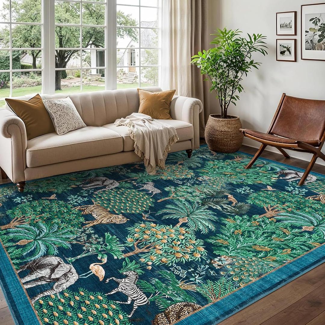 COZYLOOM 10x13 Rug for Bedroom, Washable Low Pile Non-Slip Carpet, Ultra Soft Jungle Animal Floral Modern Rug, Stain Resistant Portable Floor Cover for Nursery, Playroom, Living Room, Blue