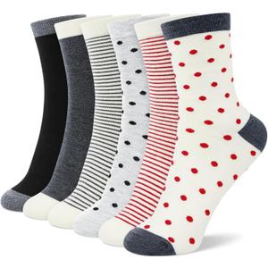 6 Pairs Cotton Crew Socks for Women, Breathable Novelty Funny Striped Dot Casual Cute Calf Socks Size 6-12 (Vintage Charm)