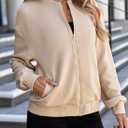 EVALESS Womens Bomber Jacket Coat Casual Stand Collar Zip Up Lightweight Fall Fashion Jackets Outfits with Pockets (Beige, S)