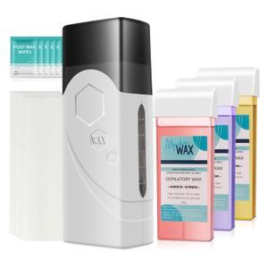 Roll On Wax Kit, Portable Wax Roller Kit for Hair Removal, Beginners Waxing Kit Soft Heater for All Skin Types with 3 Pcs 100g Roll on Cartridge, 100 Non-Woven Strips & 10 After Oil Wipes (White)