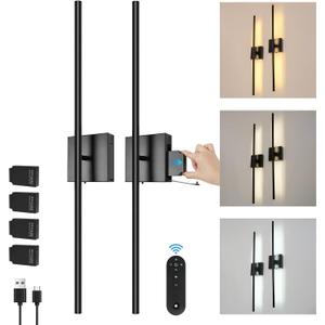 Removable 10000mAh Battery Operated 2 Pack Wall Sconces Lamps Remote Control & 4 Pack Batteries 31.5 Rechargeable Dimmable Black LED Wireless 13.6W Wall Lights for Living Room Bedroom Picture Foyer