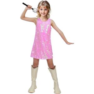 Sinkawa Jackets Girls Sequin Dress Sparkly Sleeveless Costume Prom Concert Party Outfit with Glitter Microphone Prop-Medium Light Pink