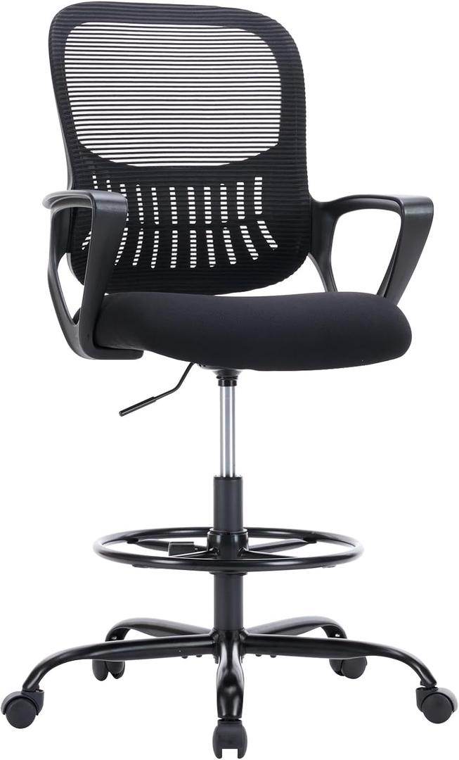 DUMOS Drafting Chair - Counter Height Adjustable Tall Office Desk Chair with Fixed Armrests and Comfortable Lumbar Support for Standing Desk, Deep Black (18.5" L X 20" W X 48.84" H)