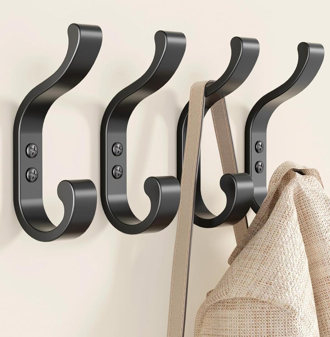Coat Hooks Wall Mount for Hanging, Heavy Duty Backpack Hooks for Wall, Hold up to 30 lbs, Large Hanger Hooks for Towels, Purses, Clothes, Mudroom, Bathroom, Door, Black, 4 Pack