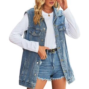 FindThy Womens Vintage Denim Jean Vest Oversized Button Down Jean Waistcoat Gilet (X-Large, 01 Blue)