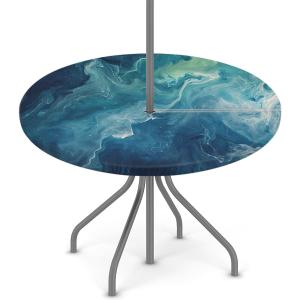 Turquoise Marble Round Fitted Tablecloth with Umbrella Hole and Zipper, 36"-44" Outdoor Elastic Table Cloth Oil-Proof Waterproof Patio Table Cover for Picnic Party Camping